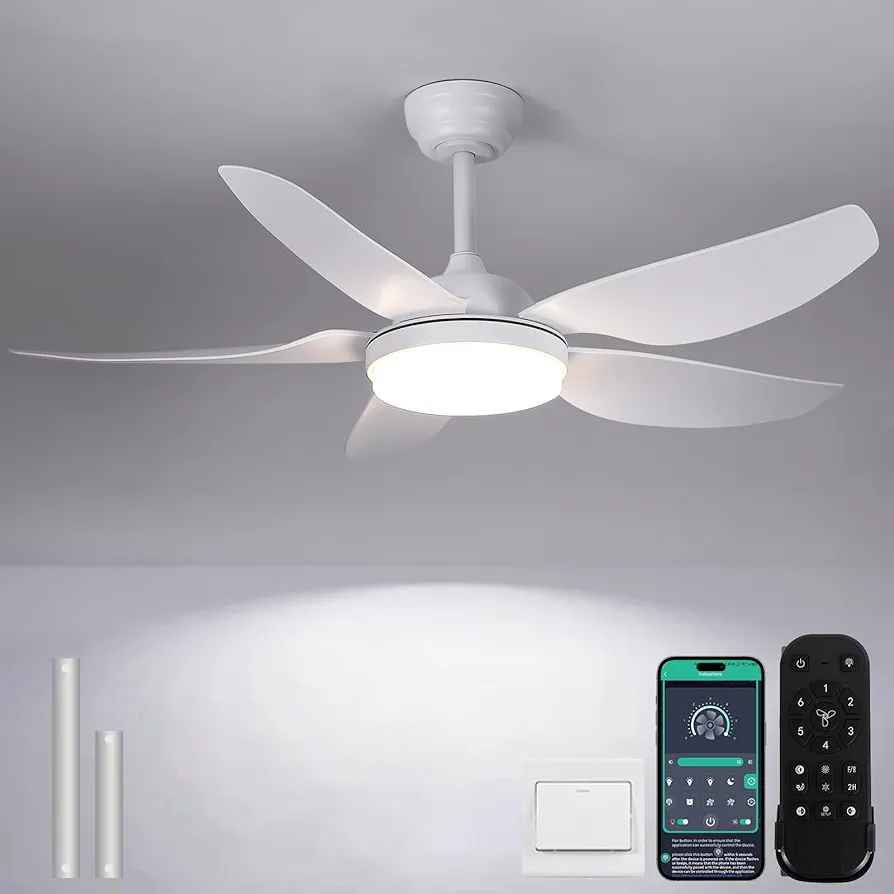 46 Inch Ceiling Fans with Lights and Remote/APP Control,Modern 2 Downrods Semi Flush Mount Ceiling Fan with 5 Reversible Blades 6 Speeds, 3 CCT Dimmable for Bedroom Living Room, White