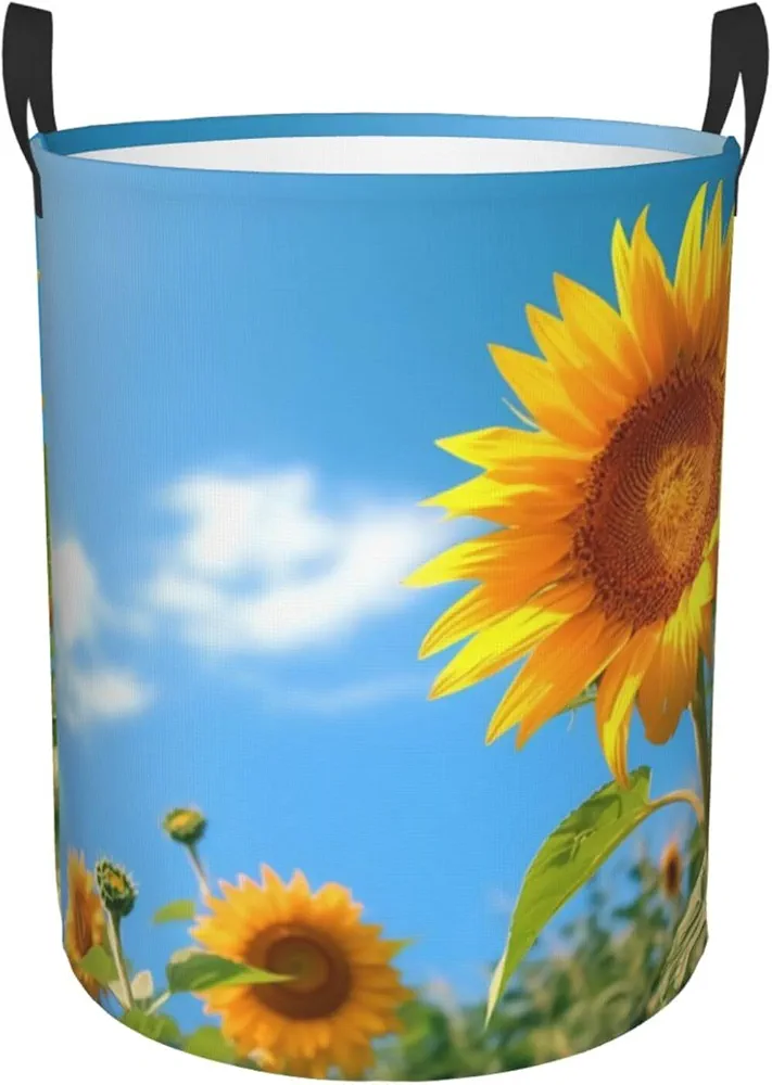 Laundry Baskets with Handles Waterproof Small inches Storage Basket, Collapsible Laundry Hampers, Laundry Room Organization & Apartment Essentials - Sunflowers on Blue