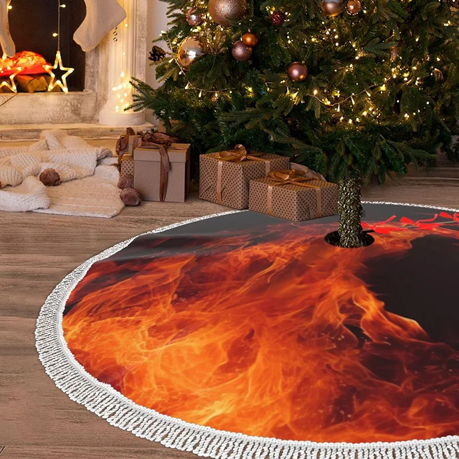 Christmas Tree Skirt with Tassel Dancing Fire 30" Xmas Tree Skirts Tassel Tree Mat Ornament for Home Indoor Outdoor Room Holiday Decoration