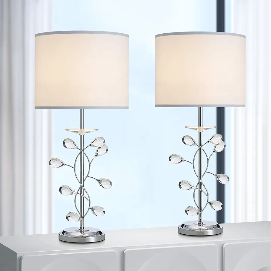 Modern Silver Table Lamps True 26“ Tall Crystal Bedside Nightstand Lamp with White Fabric Shade Crystal Table Lamp Set of 2 for Living Room Bedroom Office Study（Bulb not Included）