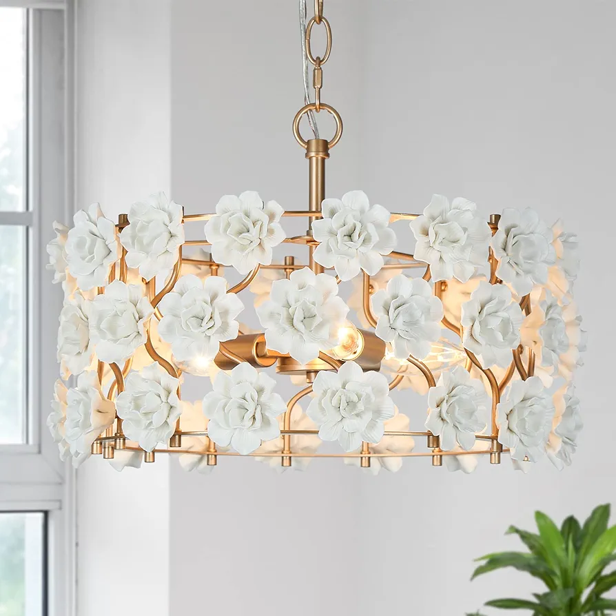 Gold Flower Chandelier, 3-Light Luxury Drum Chandelier Lighting with White Ceramic Flowers, 15.7’’ Dia Round Elegant Pendant Hanging Light Fixtures for Dining Room, Girls Room, Hallway