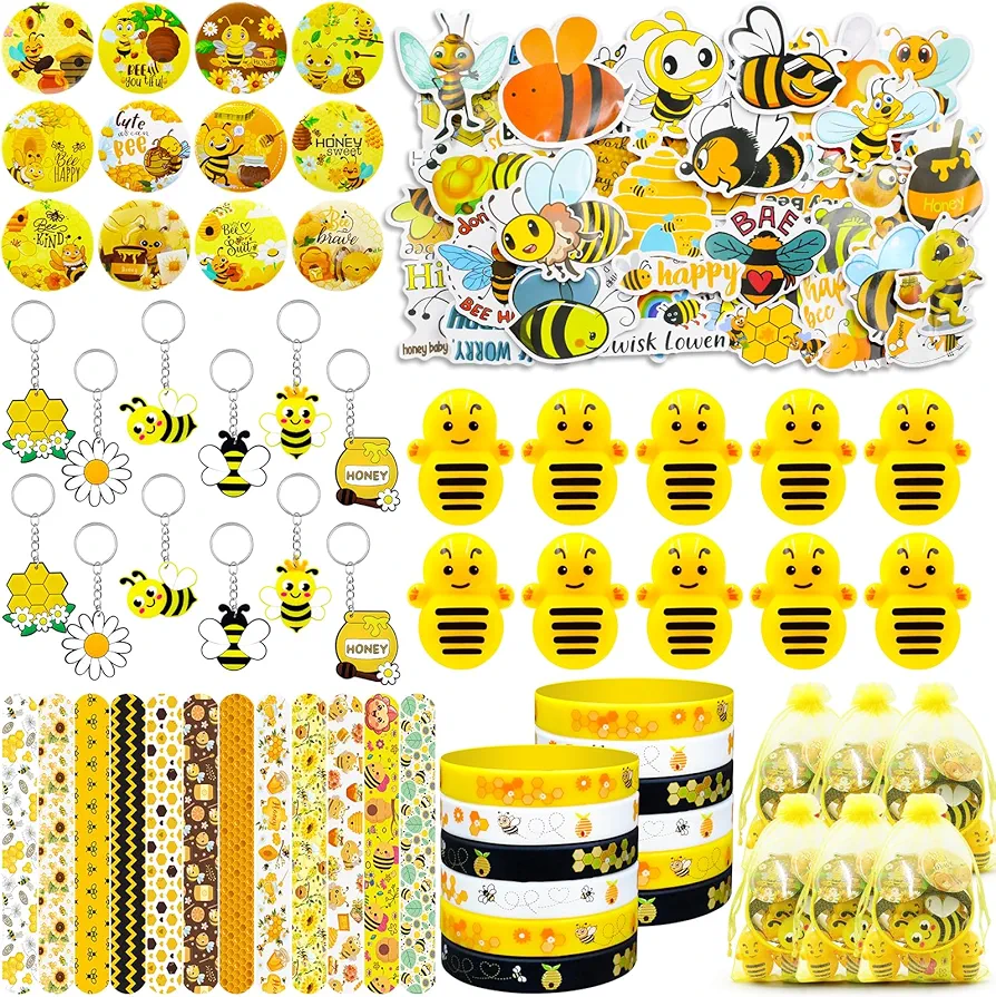 122 Pcs Bee Theme Party Favors - Bee Themed Classroom Decorations, Colorful Bee Toys, Yellow Wristbands, Keychains, Honey Stickers, Organza Bags for Birthday