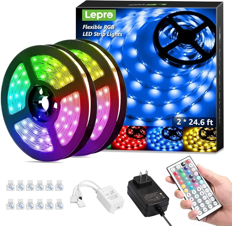 Lepro 50ft LED Strip Lights, Ultra-Long RGB 5050 LED Strips with Remote Controller and Fixing Clips, Color Changing Tape Light with 12V ETL Listed Adapter for Bedroom, Room, Kitchen, Bar(2 X 24.6FT)