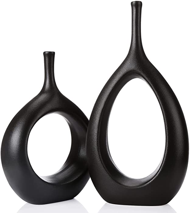 Ceramic Hollow Vases Set of 2, Flower Vase for Decor, Modern Decorative Vase Centerpiece for Wedding Dinner Table Party Living Room Office Bedroom, Housewarming Gift (Black)