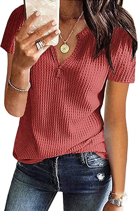 WNEEDU Womens Tunics Waffle Knit T-Shirt V-Neck Henley Shirts Short/Long Sleeve Sweaters