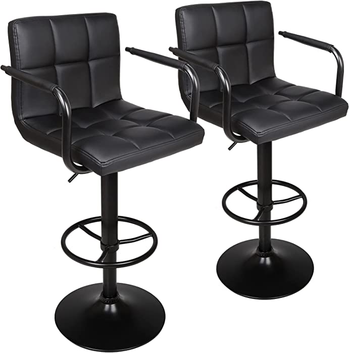 Leopard Adjustable Bar Stools with Armrest, Square Back Swivel Double Stitching with Back Bar Stool, Set of 2 (Black + Black Base)