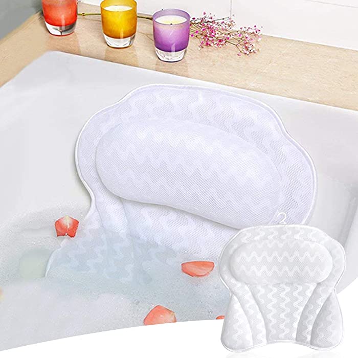 GUIFIER Bathtub Pillow, Ergonomic Bath Pillows for Tub Neck and Back Support, Bath Tub Pillow Rest Breathable Bath Accessories for Women & Men, Spa Pillow, Powerful Suction Cups