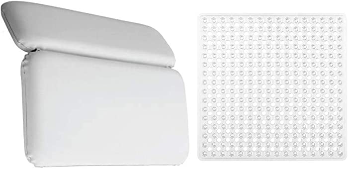 Gorilla Grip Bath Pillow and Shower Stall Mat, Bath Pillow Size 14.5x11 in White and Shower Mat Size 21x21 in Clear, 2 Item Bundle