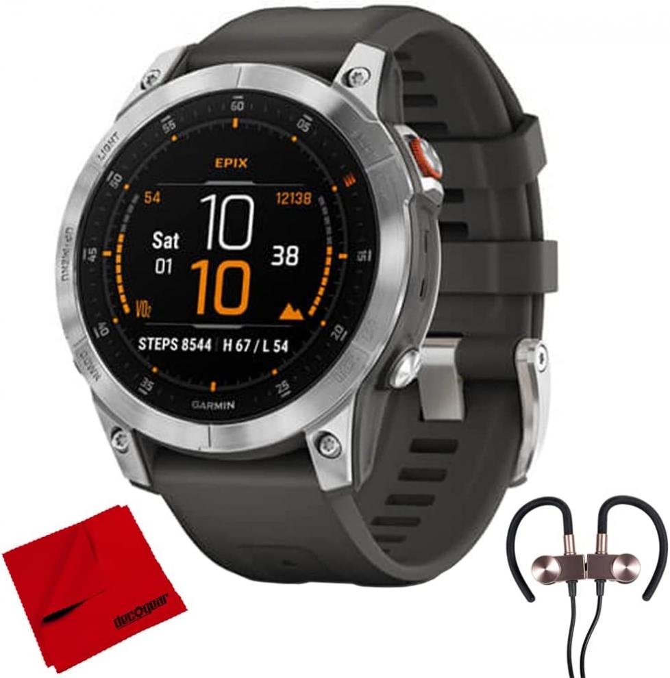 Garmin 010-02582-00 epix Gen 2, Premium Active Smartwatch (Slate Steel) Bundle with Deco Gear Magnetic Wireless Sport Earbuds and Deco Gear Microfiber Cleaning Cloth