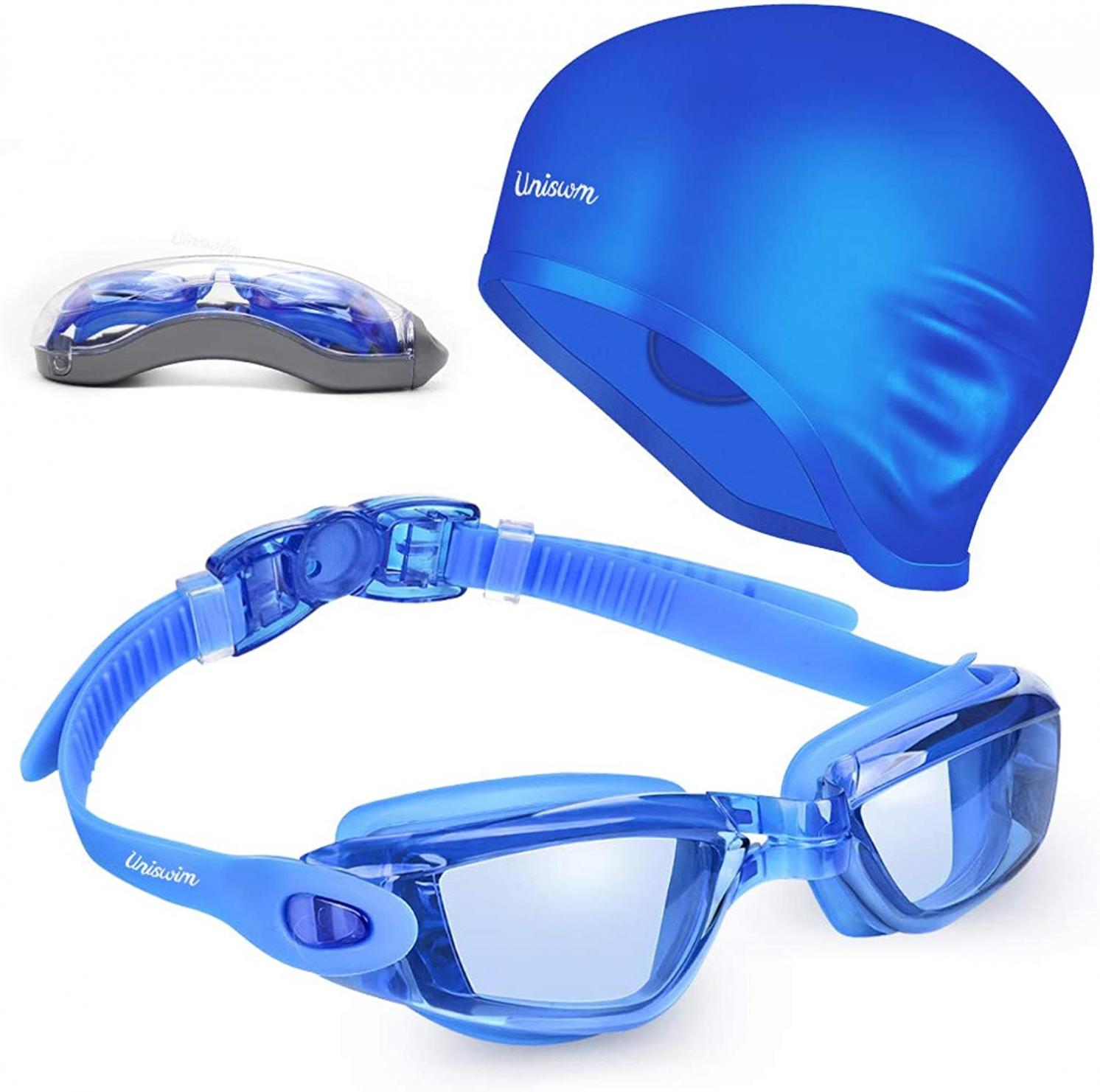 Uniswim Swimming Goggles Swimming Cap Set Swim Glasses Silicone Swim hat Pack for Adults with Anti Fog Glasses for Swimming