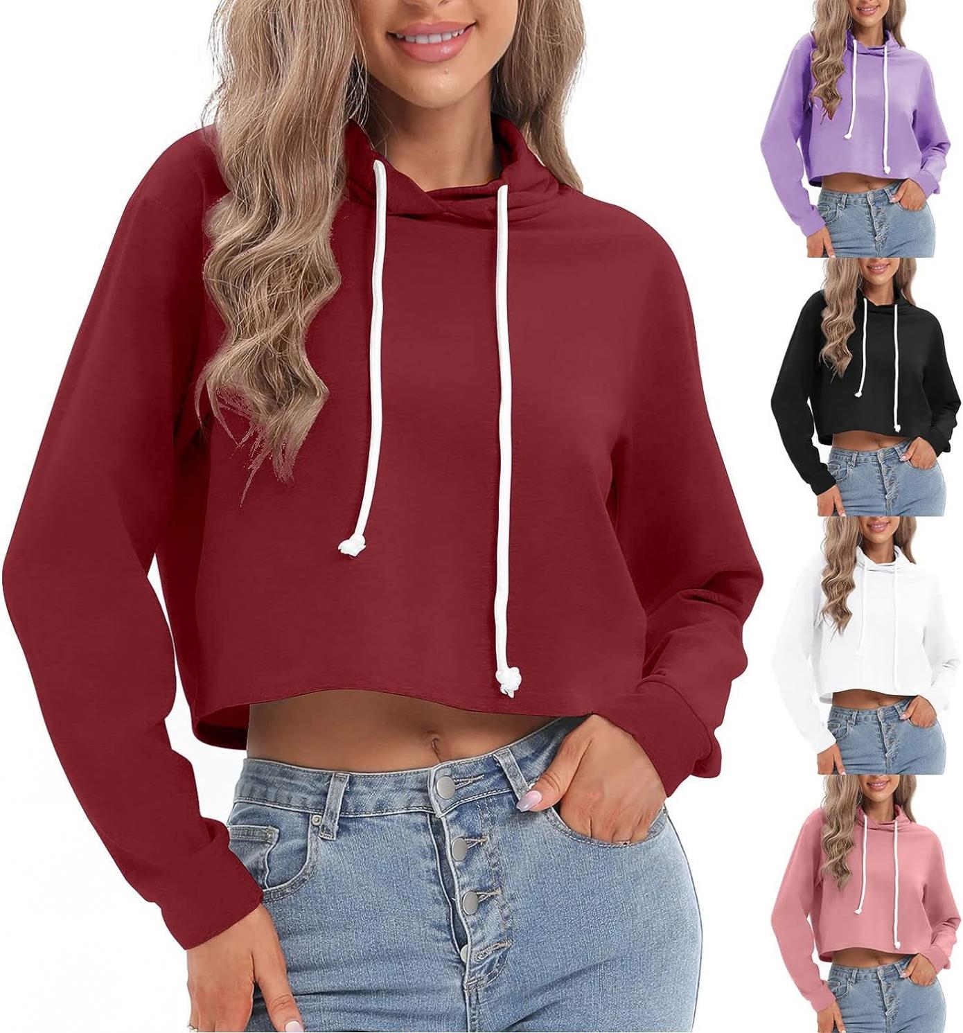 ZDRZK Womens Cropped Hoodie Casual Workout Long Sleeve Hooded Crop Sweatshirt Fall Fashion Pullover Tops y2k Clothes