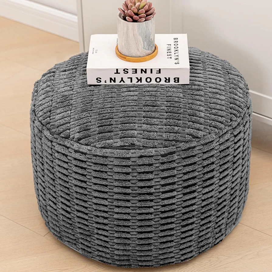 Stuffed Pouf Ottoman with PP Cotton, Faux Fur Poufs, Pouf Stool Ottoman Round Foot Stool Cushion Storage Ottoman, 20 * 12''Floor Poufs Foot Rest for Living Room (Dark Grey Pouf with Filler)