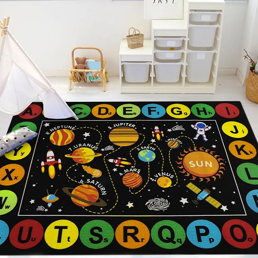 Capslpad Black Outer Space Kids Play Rug ABC Alphabet Kids Play Mat for Toddlers Non Slip Solar System Star Planets Nursery Rug for Baby Girl Boy Kids Carpet for Bedroom Playroom Nursery Decor,5'x6.6'