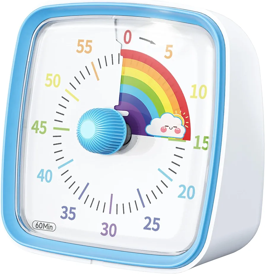 Yunbaoit Visual Timer with Night Light, 60-Minute Countdown Timer for Kids and Adults, Silent Classroom Timer, Pomodoro Timer with Rainbow Pattern for Home, School, Kitchen, or Office (Blue)