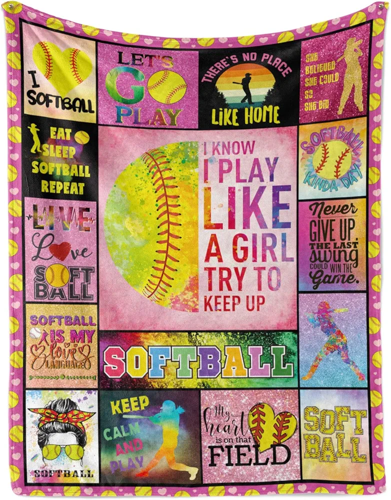 Softball Blanket Softball Gift for Girls, Flannel Soft Warm Plush Sport Softball Throw Blanket for Girls Boys Teens Kids Softball Lovers All Season Couch Sofa Bed Living Room Decor 50"x60"