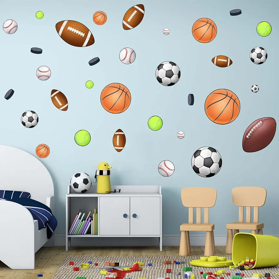 Basketball Football Sports Wall Stickers - Kids Baby Boys Wall Decals - Nursery Playroom Classroom Daycare Game Room Bedroom Home Wall Decor