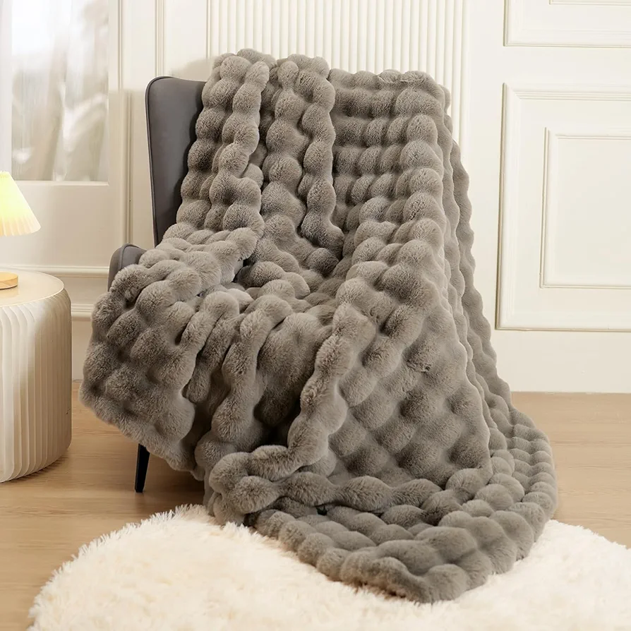 Super Comfort Oversized Warm Thick Bubble Double Sided Plush Rabbit Faux Fur Throw Blanket, fluffy blanket,Soft Cozy Blanket for Couch Chair Bed Sofa Living Room,Grey 60'' x 80''