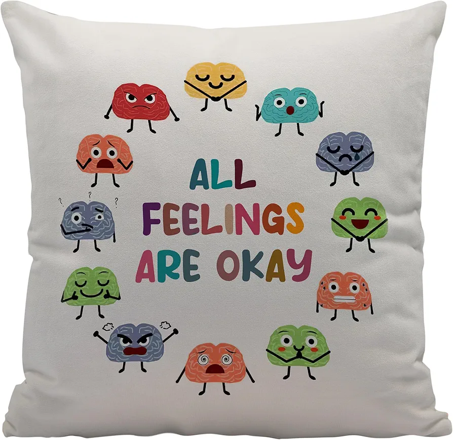 Mental Health All Feelings Are Okay Feelings and Emotions Reversible Throw Pillow Cover for Kids Room Therapy Office School Counselor Office Decor,Mental Health Gifts for Girls Boys Kids，18x18 Inches