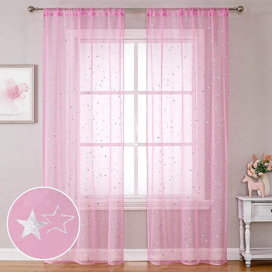 WUBODTI Pink Semi Sheer Curtains for Girls Room 84 Inches Long 2 Panels, Rod Pocket Twinkle Starry Star Gauze Window Treatments Light Filtering Drapes and Curtains for Nursery Bedroom Living Room