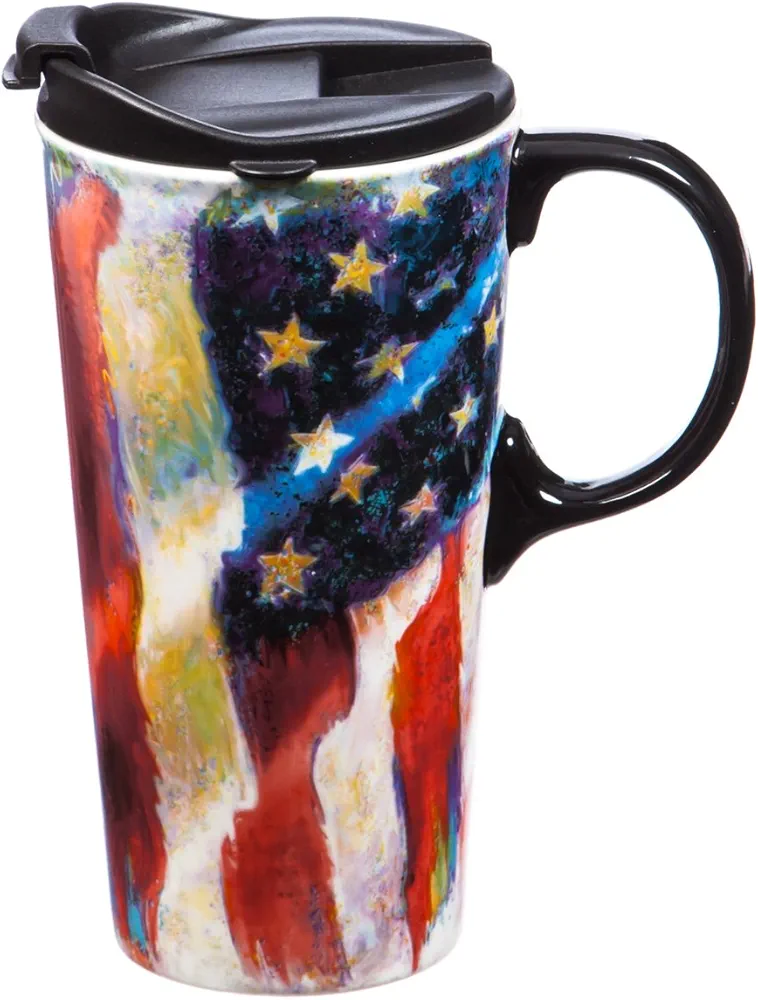 Cypress Home American Flag Ceramic Latte Travel Cup 17 oz