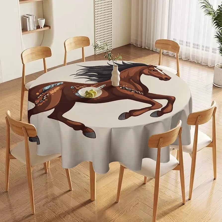 Tablecloth Brown Horse Round Tablecloth 50x50in Waterproof Fabric Table Cloth Protector Farmhouse Tablecloths Washable Table Cover for Kitchen Dining Room Wedding Home Decor