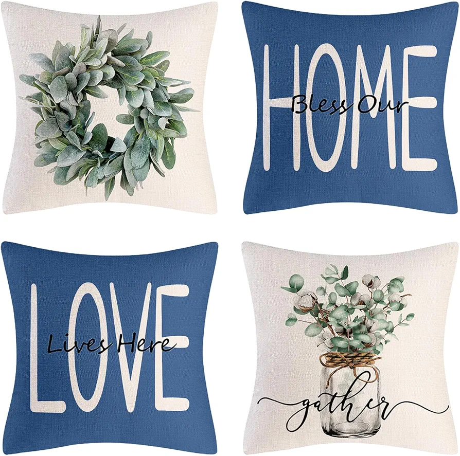 Throw Pillow Covers 18x18 Set of 4 Farmhouse Pillow Covers Dark Blue Cushion Cases Decorative Pillowcases for Sofa Couch Living Room Outdoor Home Decor