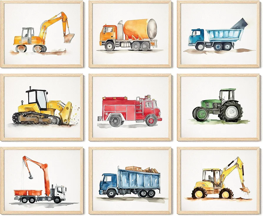 97 Decor Construction Room Decor for Boys - Tractor Wall Decor, Dump Truck Wall Art, Construction Nursery Decor, Tractor Pictures Car Vehicle Prints Transportation Posters for Kids Toddler (Unframed)