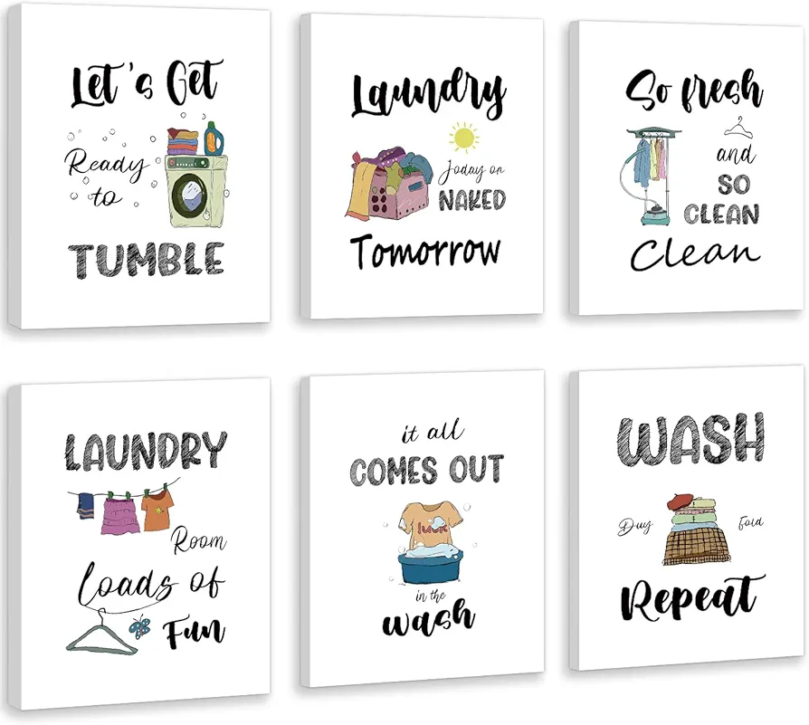 CHDITB Vintage Laundry Room Canvas Wall Art, Wash Dry Fold Sign Print Picture Farmhouse Laundromat Signs Rules For Laundry Room Set Of 6(8”X10”) Bathroom Prints For Cleaning Room Framed Ready To Hang