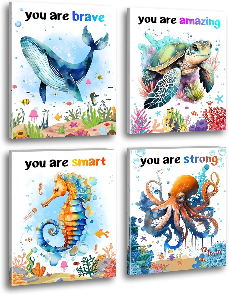 Watercolor Sea marine life Wall Art Prints,Framed Seahorse Sea Turtle Shark Octopus Wall Art Prints,Ocean Animal Inspirational Poster,Blue Themed Wall Art for Kids Room Wall Decor Set of 4(8”X10”) ﻿