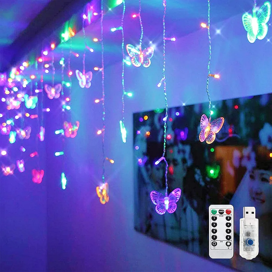 Butterfly Curtain Lights, 8 Modes 48LED Twinkle String Light with Remote 4.9FT USB Powered Window Fairy Light, Decorative Lights for Bedroom, Party, Wedding, Holiday, Christmas (Multi-Colored)