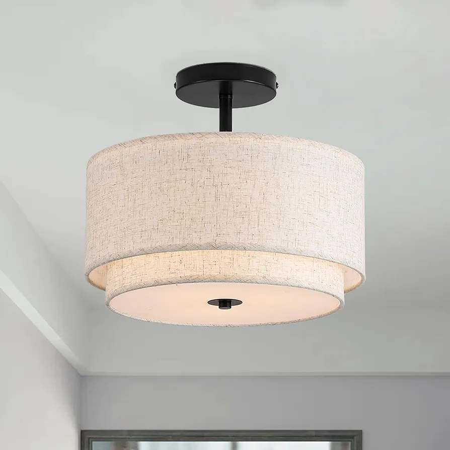 12.6inch Flush Mount Ceiling Light Fixture,3-Light Modern Close to Ceiling Light with 2-Layer Linen Fabric Shade,Farmhouse Drum Ceiling Mount Lamp for Bedroom Hallway Living Room