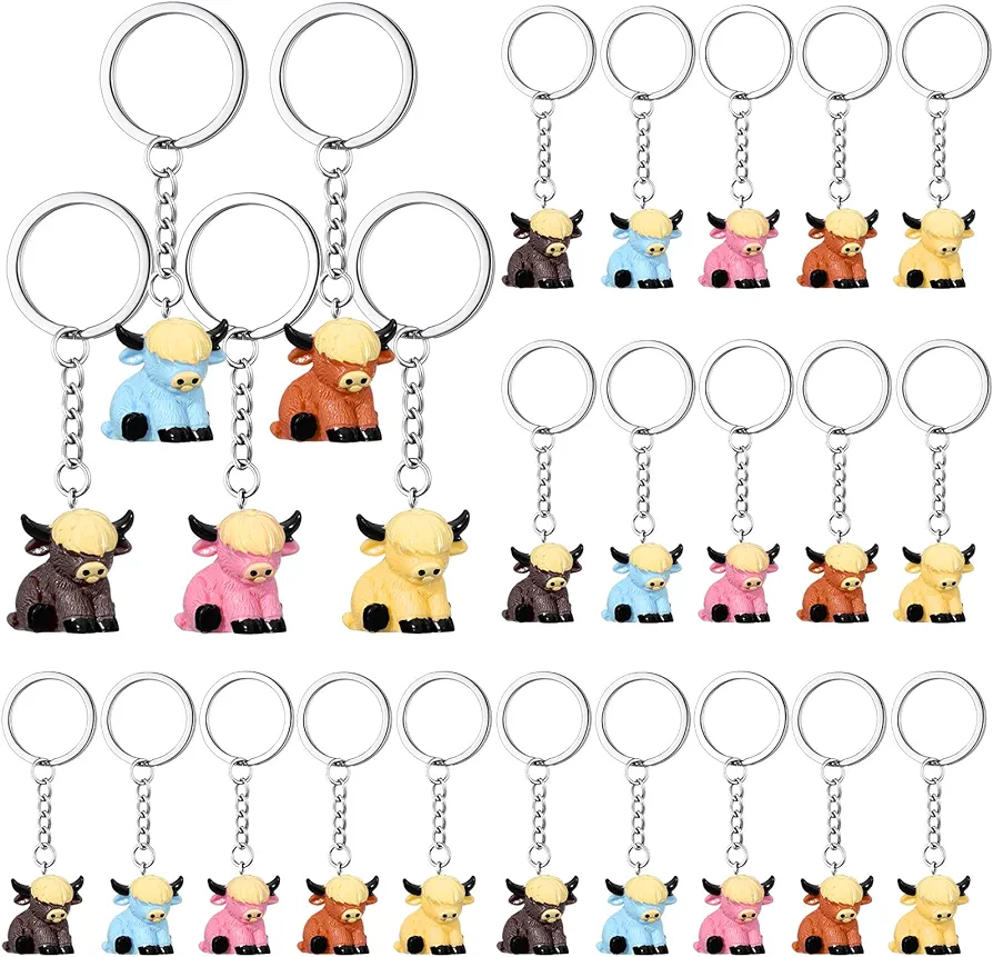 Inbagi 25 Pcs Mini Highland Cow Keychain Bulk Party Favors Tiny Cows Resin Figures Handbag Pendant Multicolor Highland Cow Figurine Charms for Birthday Classroom Prize Boys Girls Party Supplies