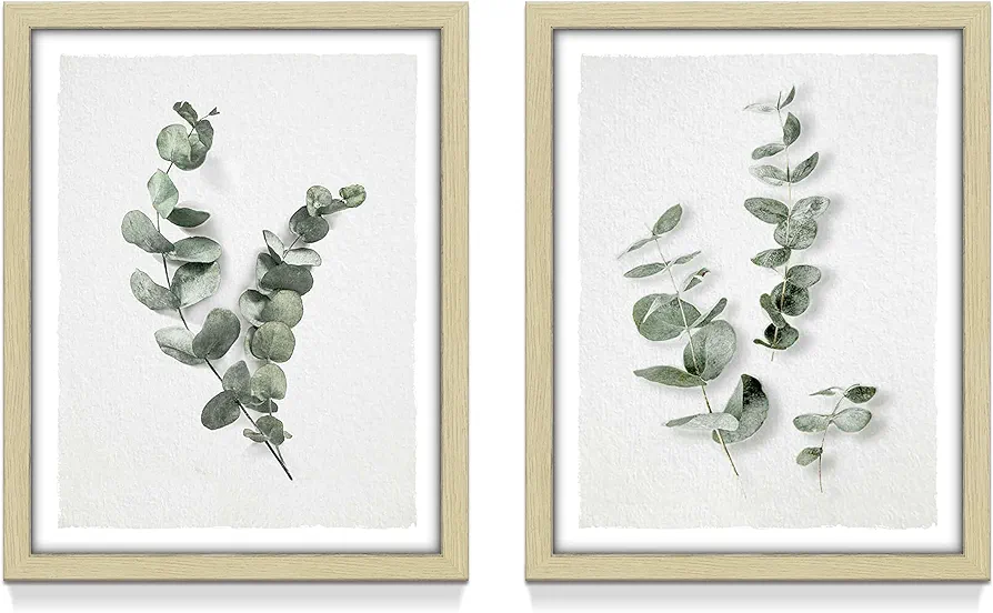 Framed Leaf Wall Art Decor: 2 Piece Bathroom Living Room Plant Picture Print Modern Bedroom Botanical Painting Vertical Boho Minimalist Sage Green Nature Eucalyptus Artwork for Home