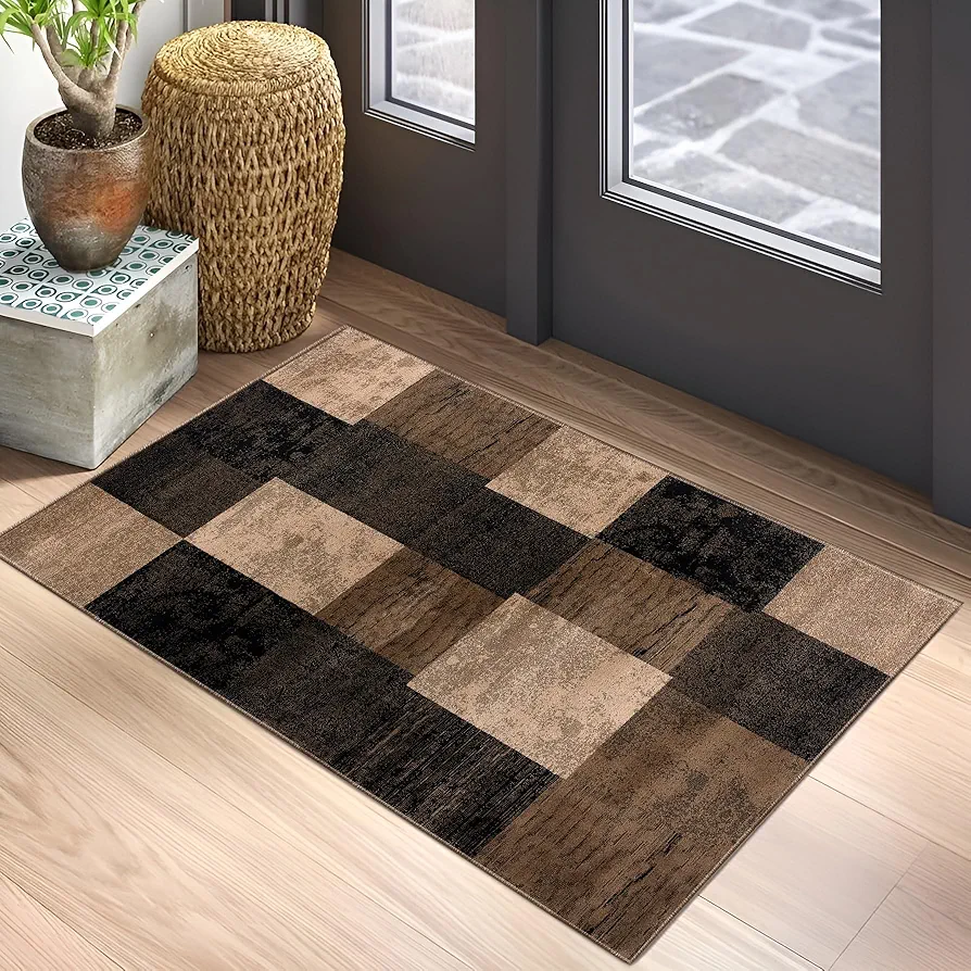 Montage Contemporary Geometric Checkered Brown Beige Indoor Doormat Rug for Living Room, Bedroom, and Kitchen, Accent Rug - 2' x 3' (2'3" x 3')