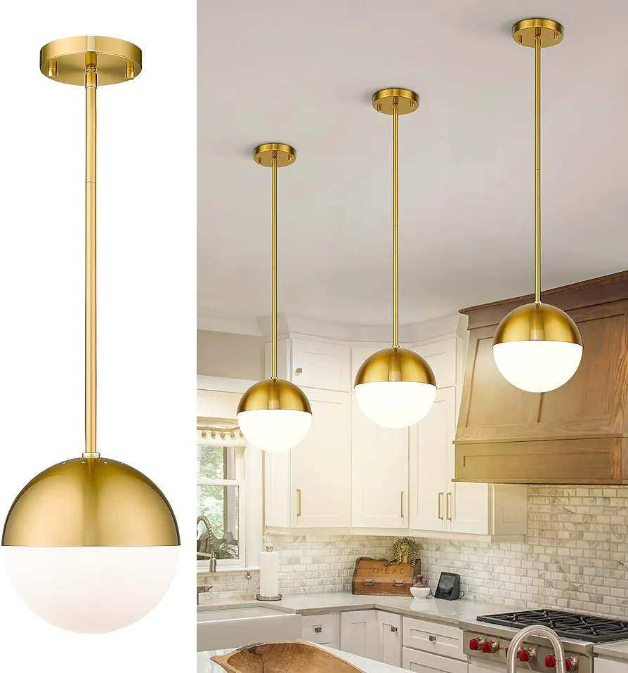 LMS Modern Pendant Lighting Gold Globe Pendant Light Fixture, Mid Century Chandelier One Light Hanging Fixture for Kitchen Island, Adjustable Indoor Lighting for Dinning Room Bedroom, LMS-187