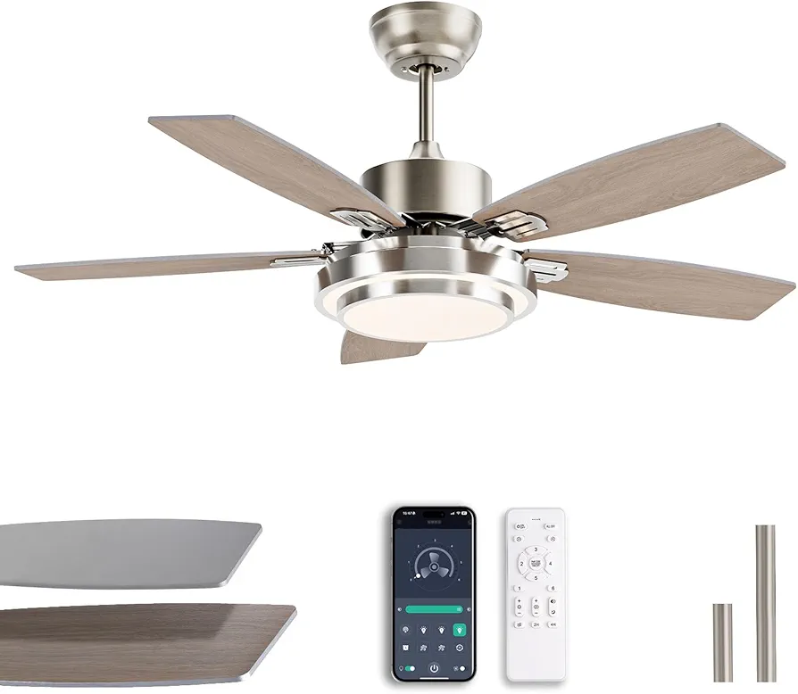 42 Inch Ceiling Fans with Lights and Remote/APP Control, Modern Silver Ceiling Fan with Quiet Reversible DC Motor for Bedroom Living Room and Patio, Indoor and Outdoor