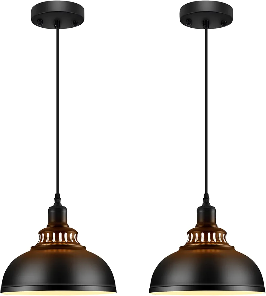 2PCS Industrial Pendant Lighting, Metal Vintage Farmhouse Ceiling Lamp, Hanging Light Fixtures with E26 Base, Black, for Hallway Kitchen Island Dining Room Living Room, 10.24in