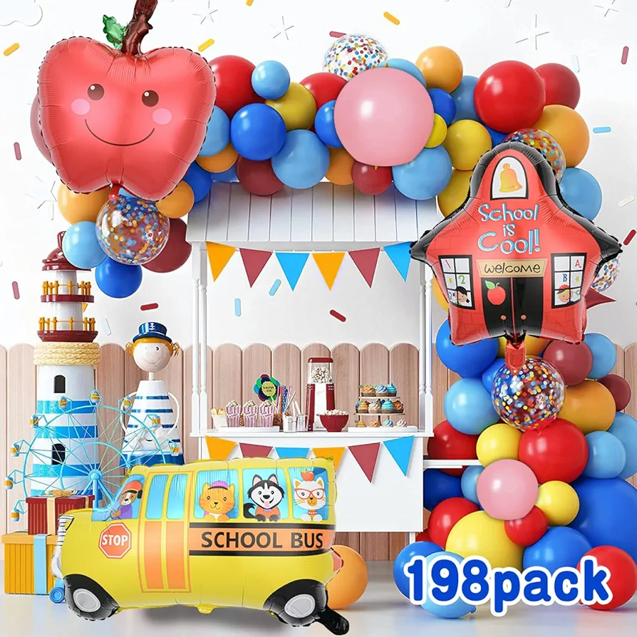 198 Pack Back to School Balloons Arch Kit - Red Blue Yellow Pink Latex Rainbow Classroom Decor,Bus Red Fruit Foil Balloon for First Day of School Party Decorations,Welcome Back to School Supplies