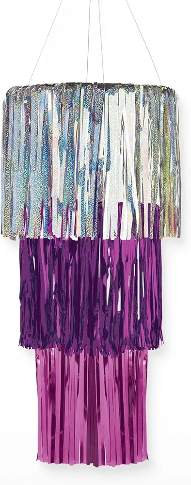 Dazzling Sparkle Fringe Chandelier Decoration - 12" - Foil Tinsel Delight in Silver, Purple & Pink Colors - Perfect for Candy Buffets & Exclusive Dinner Tables (1 Pc.)