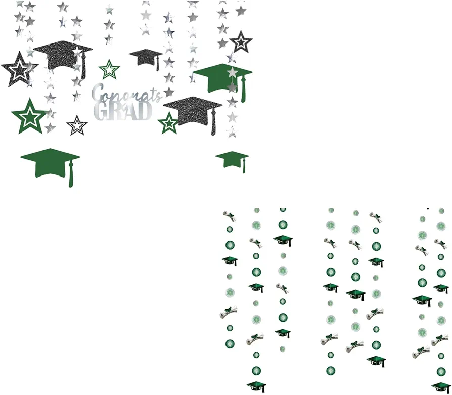 Cheerland Green and Black Graduation Hat Garlands with Hat Streamers for Photo Booth Glitter Streamers Banner Backgrounds and Classroom Decoration and Supplies