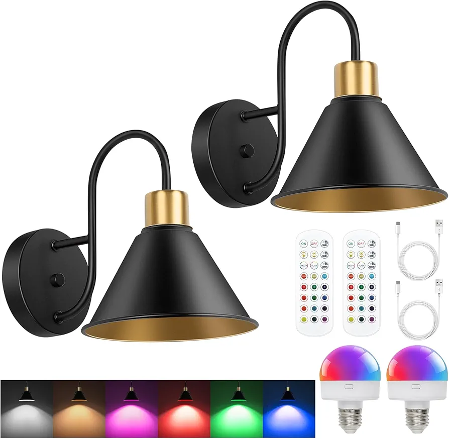 Frideko Rechargeable Battery Operated Wall Sconces Set of Two with Remote, RGB 15 Colors Dimmable Wireless Wall Light, Indoor Battery Powered Wall Lamp with Timer, Modern Wall Lighting for Living Room