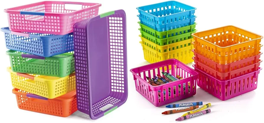 PREXTEX Classroom Storage Baskets 10x15x3 inch for Paper, Pencil, Toys (6 Pack) and Classroom Storage Baskets 5x5x3 inches for Crayons (12 Pack)