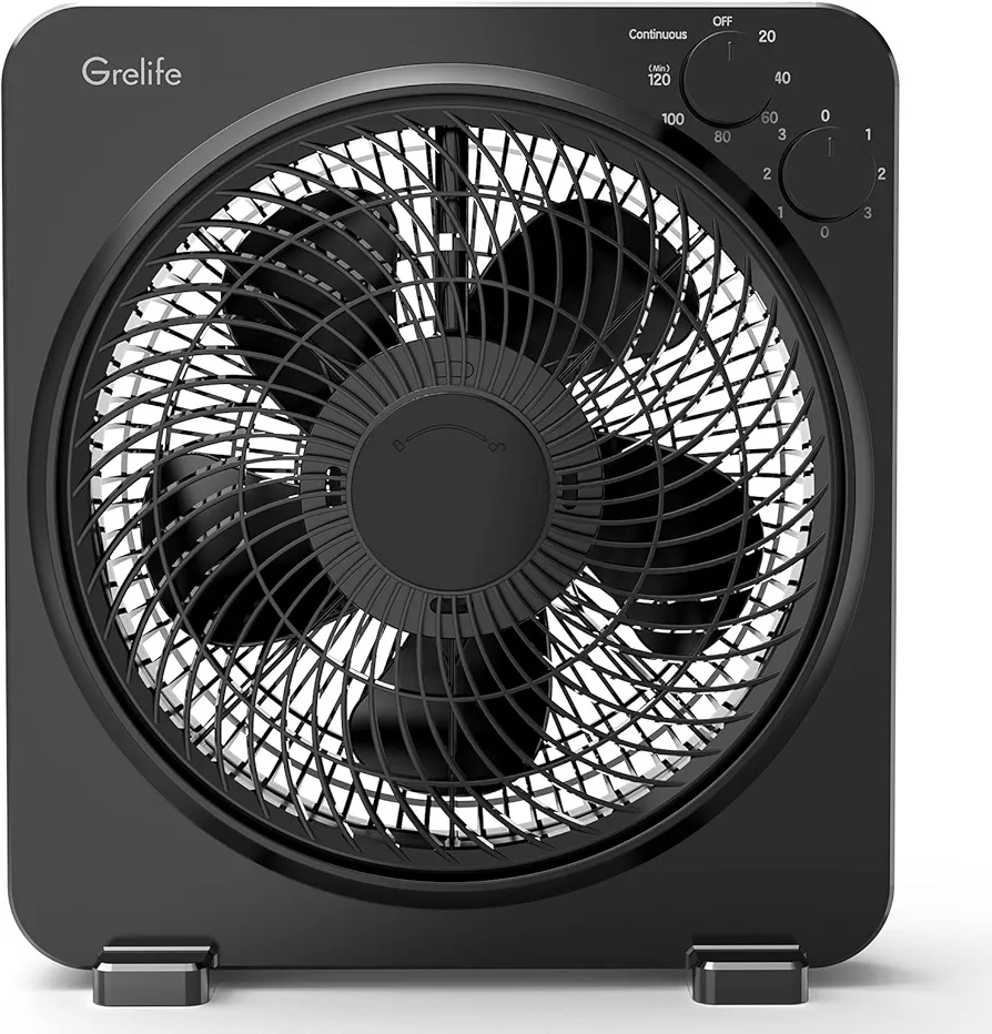 Grelife Table Fan, 14" Box Fan with 3 Adjustable Speeds, Quiet Running, Fast Cooling Desk Table Fan with 120 Min Timer, Portable Compact Design for Bedroom Home Office Desktop Household