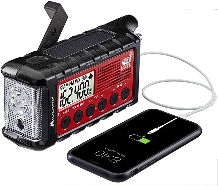 Midland - ER310, Emergency Crank Weather AM/FM Radio - Multiple Power Sources, SOS Emergency Flashlight, Ultrasonic Dog Whistle, & NOAA Weather Scan + Alert (Red/Black)