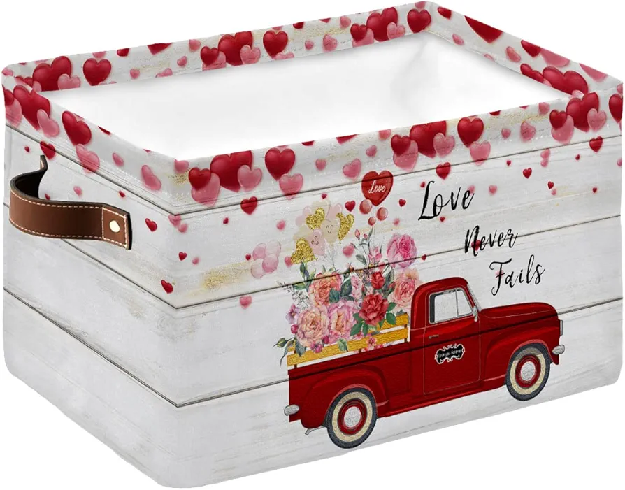 Valentine's Day Truck Waterproof Fabric Storage Basket for Organizing Bedroom Bathroom Laundry Room Collapsible Storage Bins Wood Love Heart Flower Decorative Shelf Basket for Gifts Empty