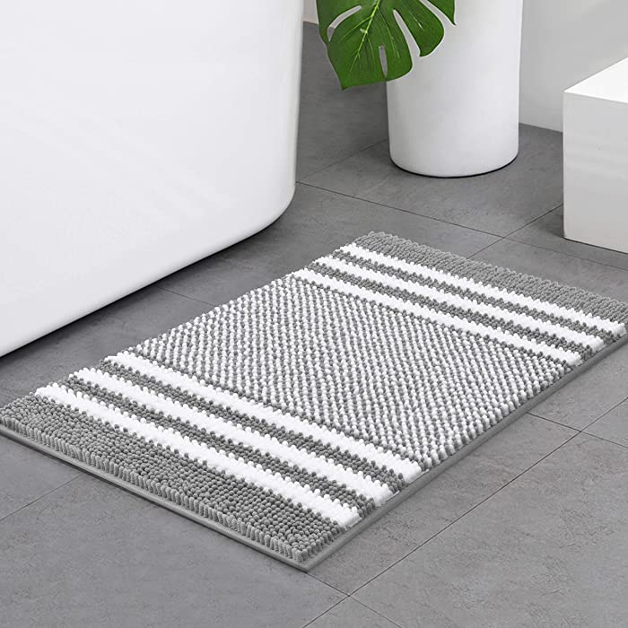 Bathroom Rug Mat, 32 x 21 Inch Extra Thick Chenille Bath Mat Rug Non Slip, Soft Absorbent Bathroom Floor Mats Rugs, Machine Washable (Grey)