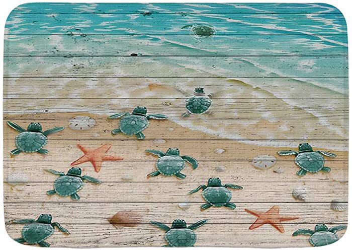 WINCAN Bath Mat Rug,Sea Turtles and Starfish at Ocean Sandy Beach on Rustic Vintage Wood Panels,Plush Bathroom Decor Mats with Non Slip Backing,29.5" X 17.5"