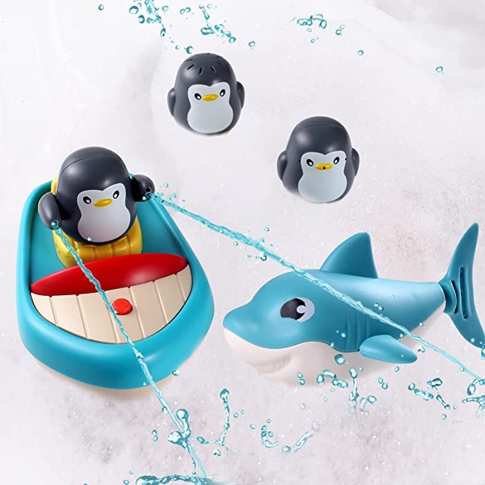 Solday Baby Bath Toy Boat Spray and 3 Penguin Sprinklers with 1 Shark Bathtub Toys for Kids Toddler Boys Girls