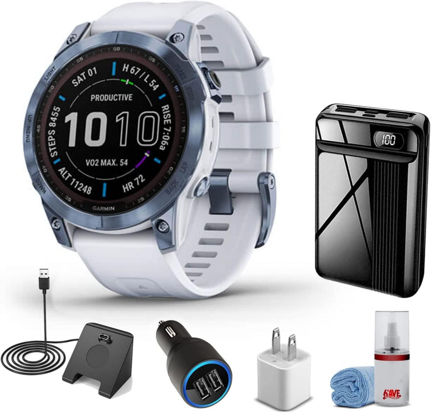 Garmin Fenix 7 Sapphire Solar Edition Smart Watch Mineral Blue Titanium with Whitestone Band + Watch Charging Stand + USB Car/Wall Adapter + 6TH AVE Cleaning Kit (010-02540-24)