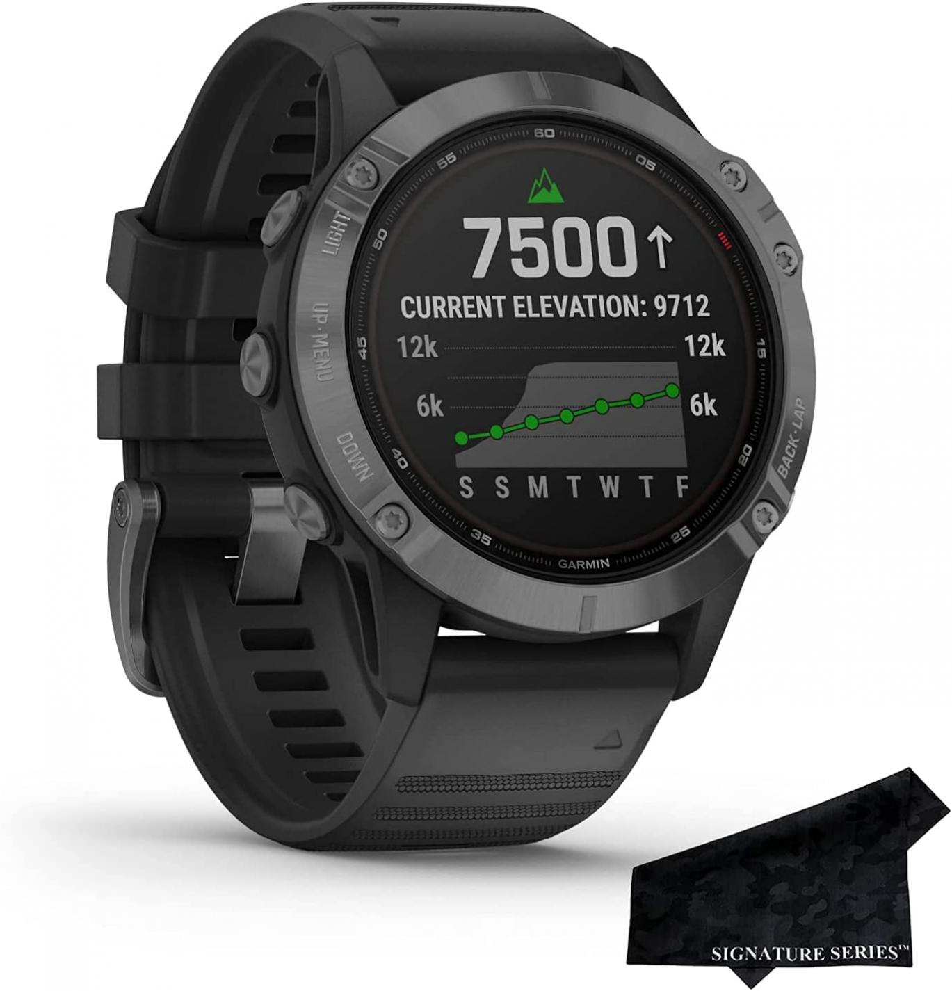 Garmin Fenix 6 Pro Solar Powered Premium Multisport HRM/GPS Smartwatch and Signature Series Cloth (Renewed)